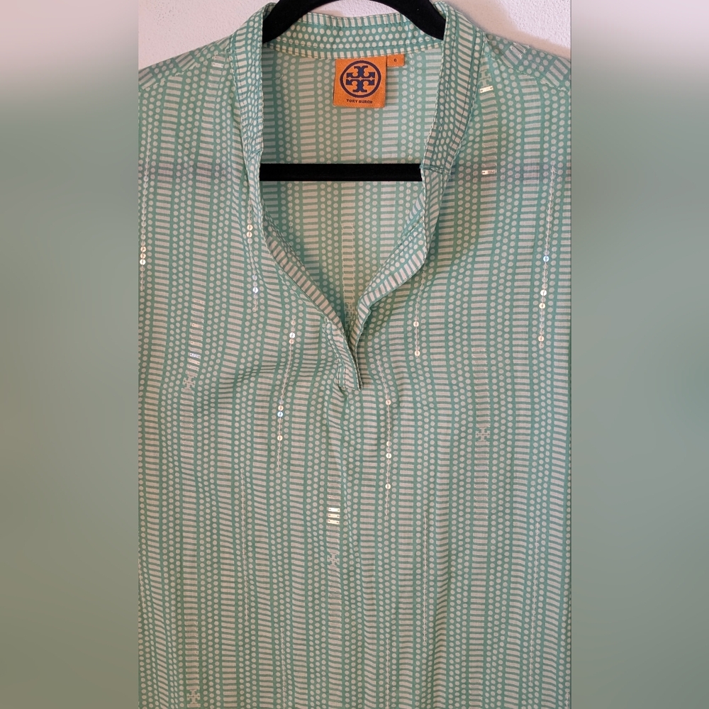 TORY BURCH Stephanie Green Sequin V-Neck Long Sleeve Cotton Tunic Blouse Size 6 - Picture 4 of 14